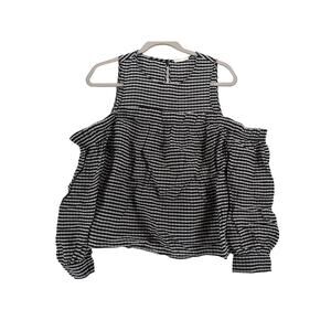 H&M Checked Blouse‎ XS Black White Cold Shoulder Ruffle Long Puff Sleeve Office
